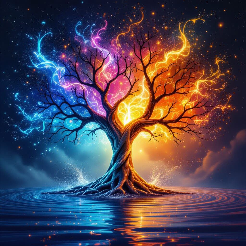 Mystical Fire and Water Tree Composition