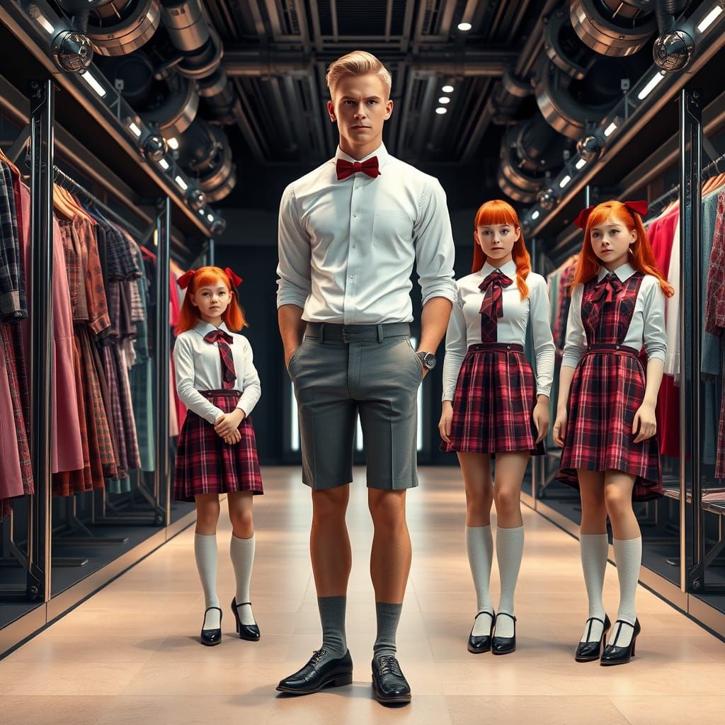 Chiseled Man in Modern Women's Store with Red Hair Girls