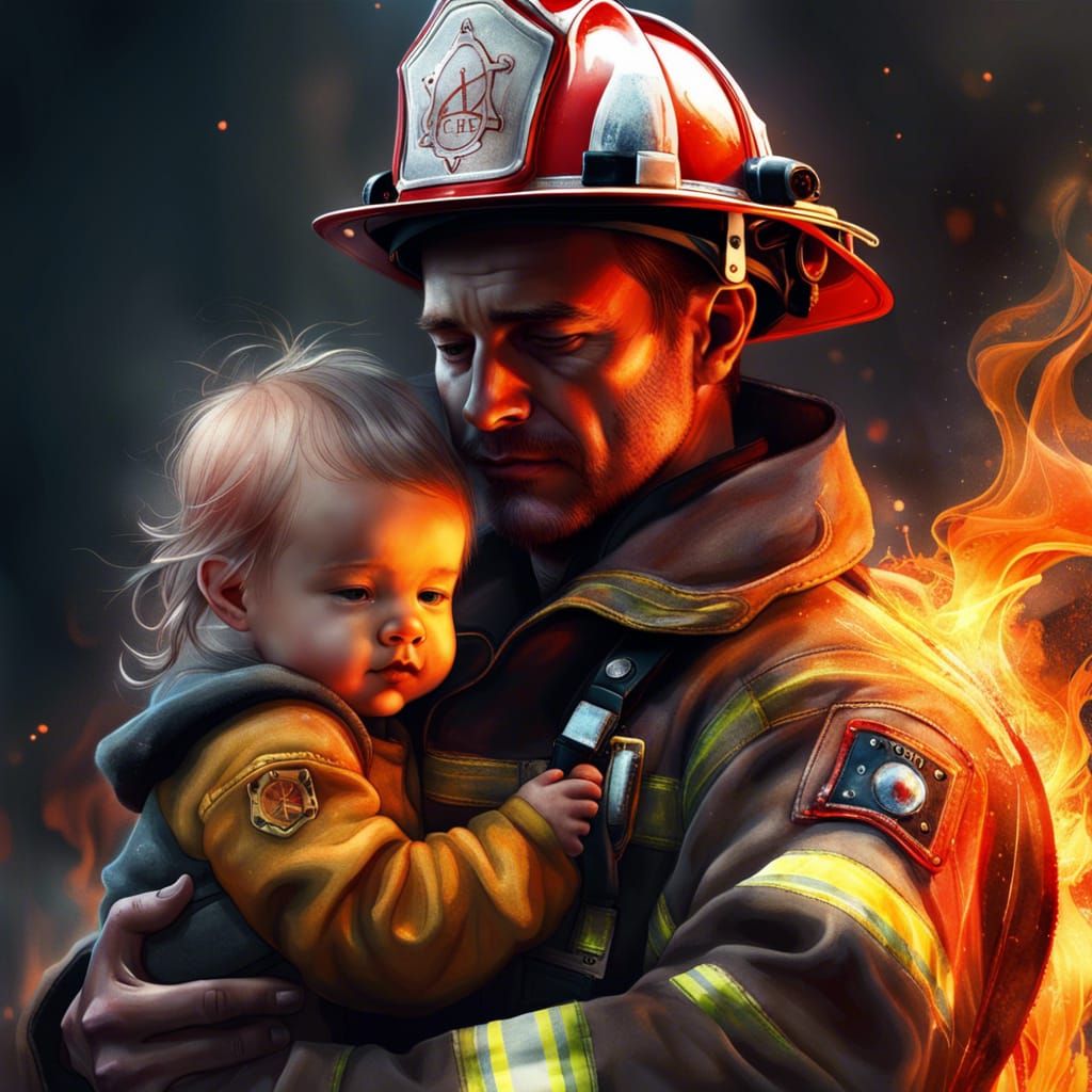 Firefighter Dad and Toddler in Dreamlike Fantasy Art