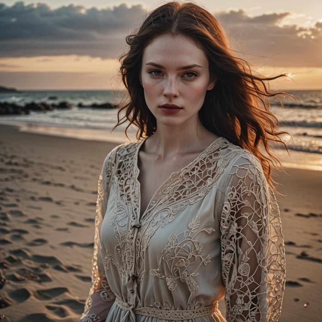 Hyperrealistic Young Woman at Sunset Beach