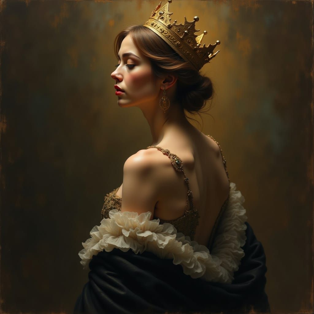 Woman in Black Velvet Dress with Gold Crown