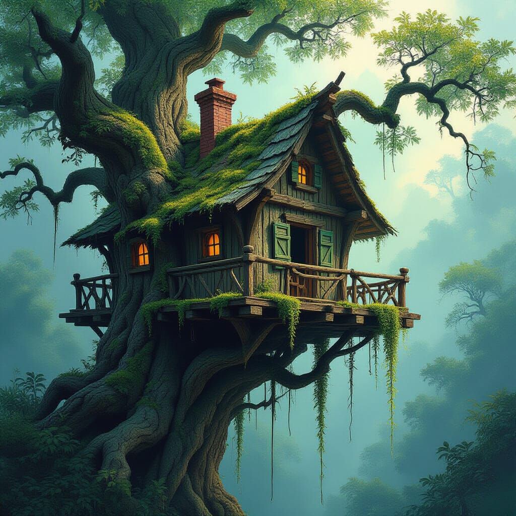 Mysterious Ancient Treehouse in Hyperrealistic Style