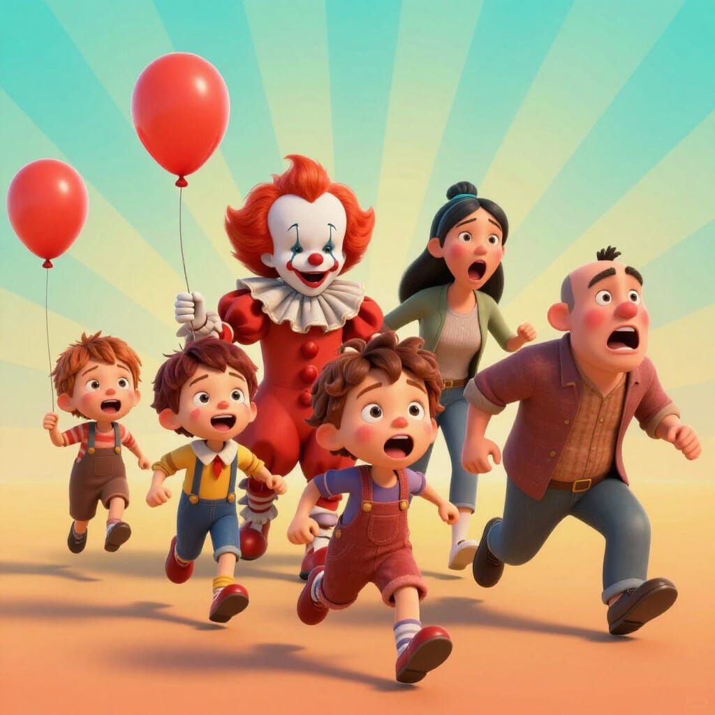 Children as Pennywise Chase Parents in Pixar Style
