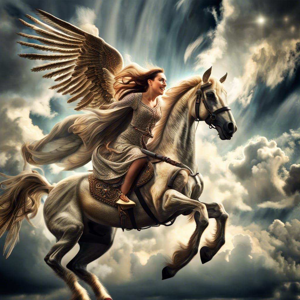 Woman Rides Pegasus in Hyperrealistic Sky Scene