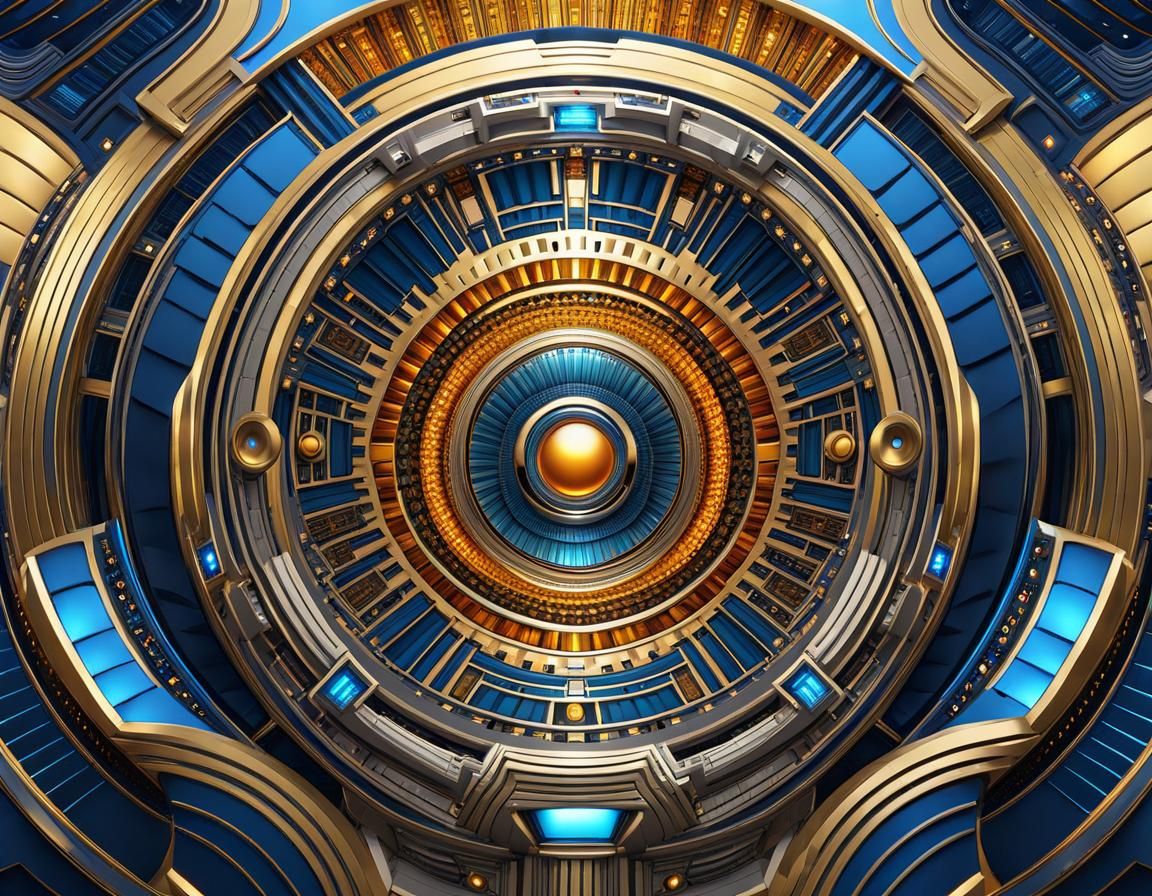 Futuristic Art Deco Spaceship Interior in Blue and Gold