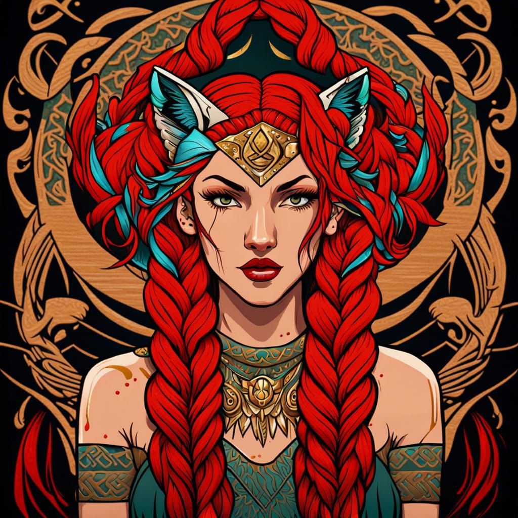 Red-Haired Wolf Goddess Warrior in Art Nouveau Style