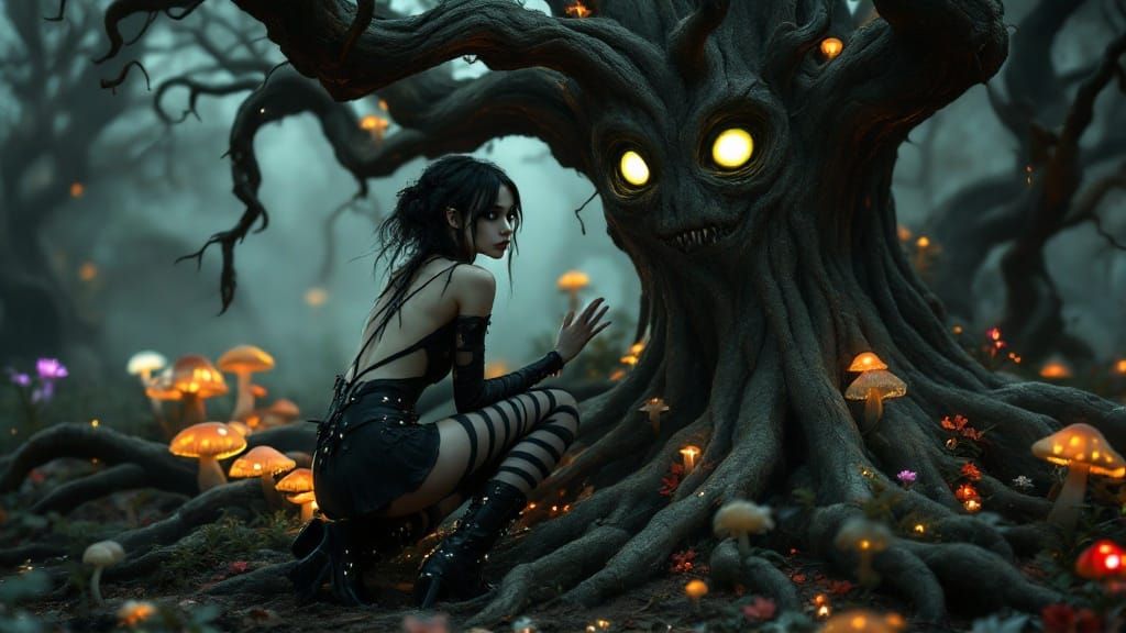 Gothic Woman in Enchanted Forest, Tim Burton Style