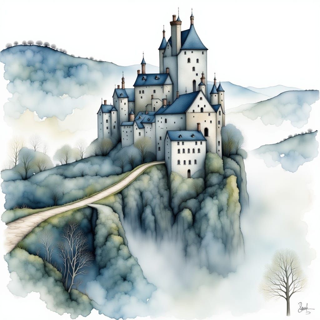 Dreamy Castle Portrait in Watercolor and Ink
