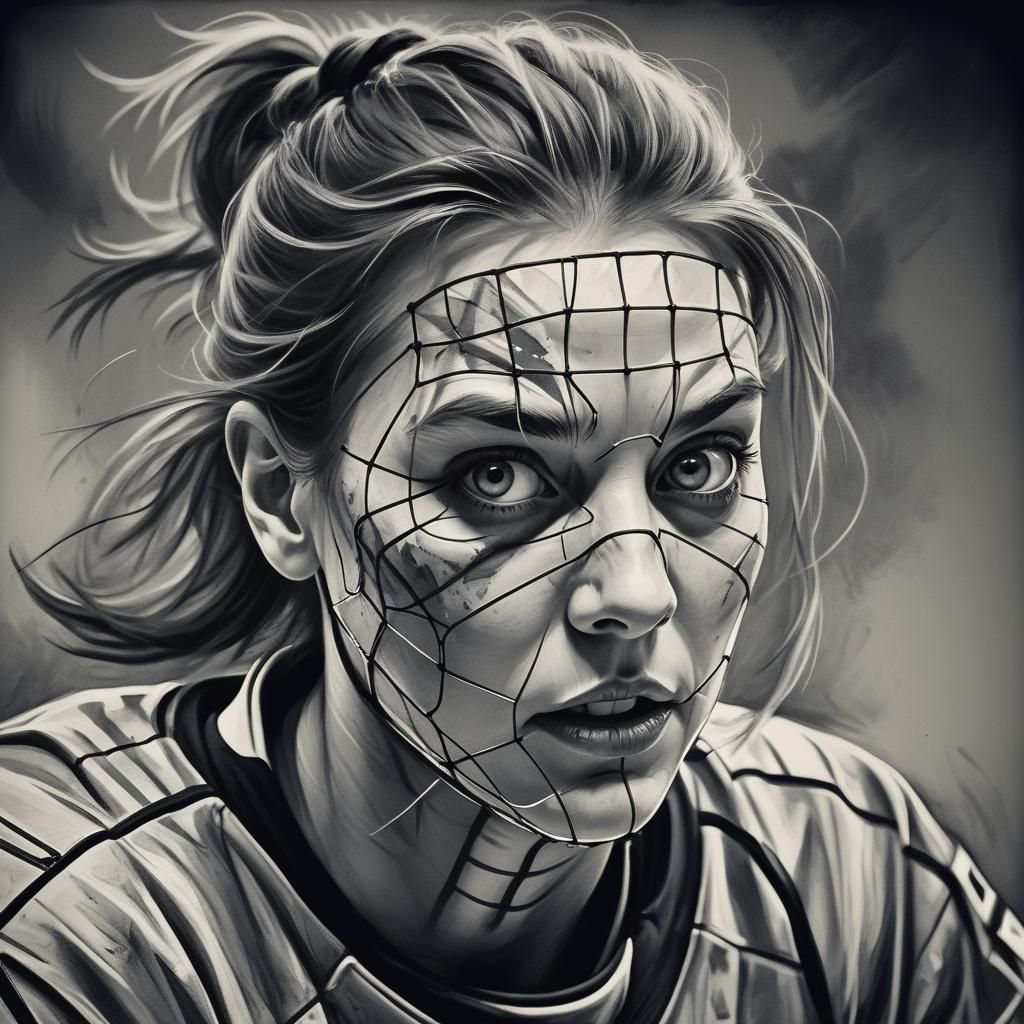 Dramatic Charcoal Portrait of Female Floorball Goalkeeper