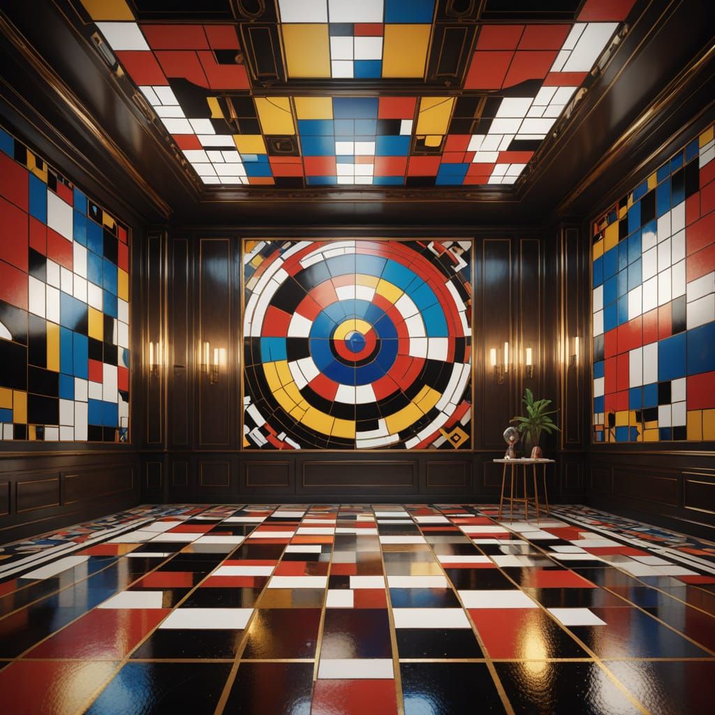 Symmetrical Room with Mirrored Mosaics and Dynamic Lighting