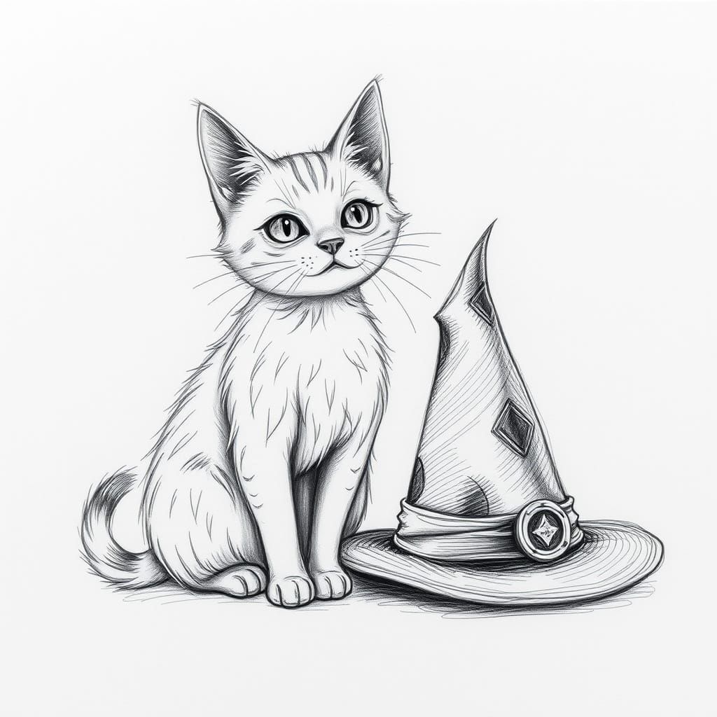Whimsical Cat Sketch in Deep Black and White