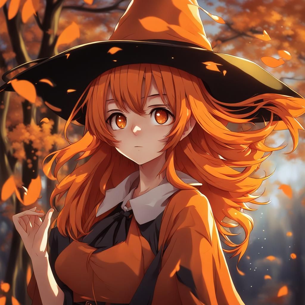 Cute Orange-Haired Witch in Anime Style