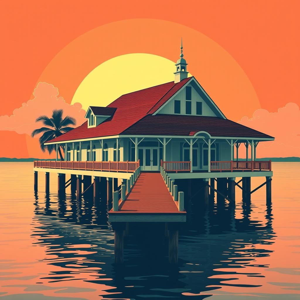 Art Deco Longhouse on Bayou: Pop Art Digital Render