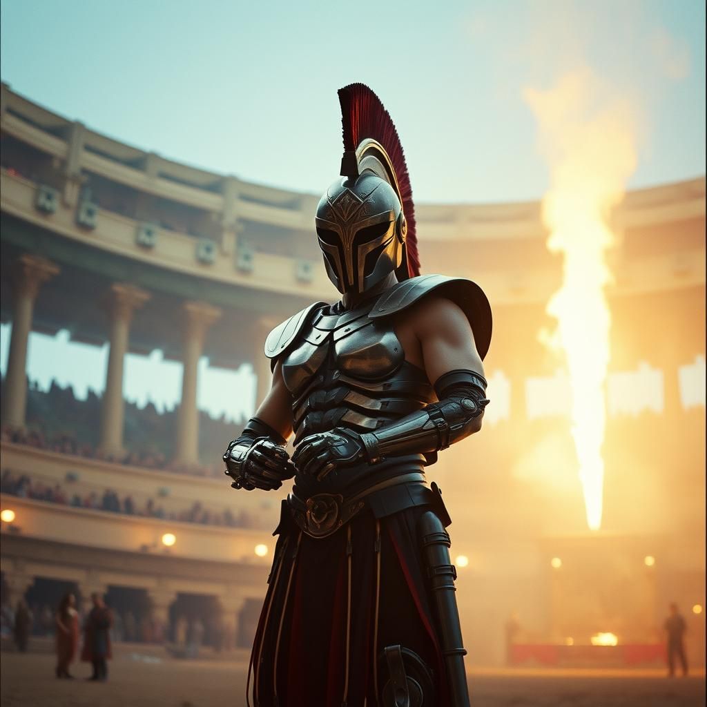 Futuristic Gladiator in Postmodern Arena, Cinematic Still