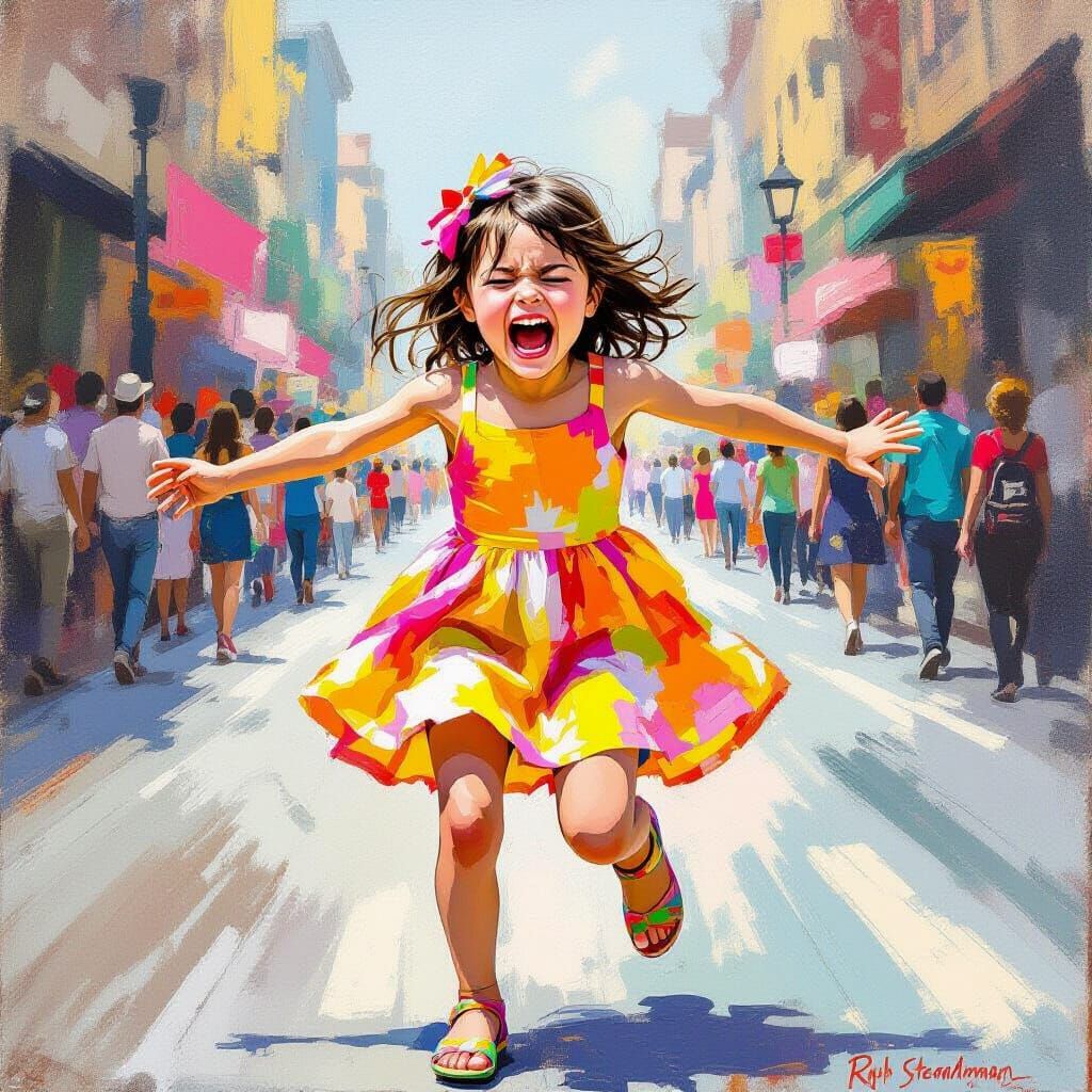 Girl Kicking and Screaming in City Style of Ralph Steadman