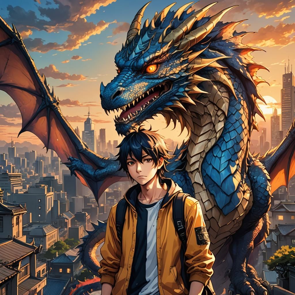 Emo and Dragon in Anime Art Style