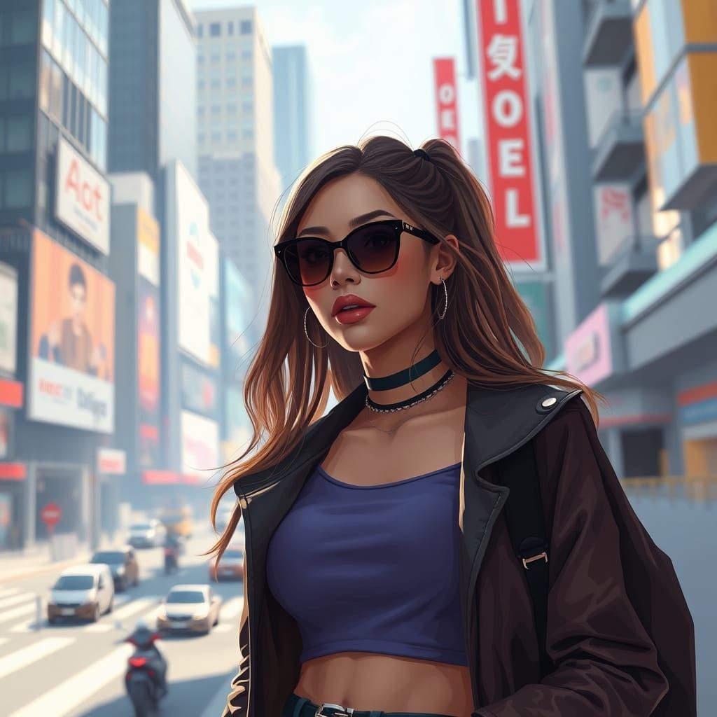 Trendy Woman in Cityscape, Digital Art Style