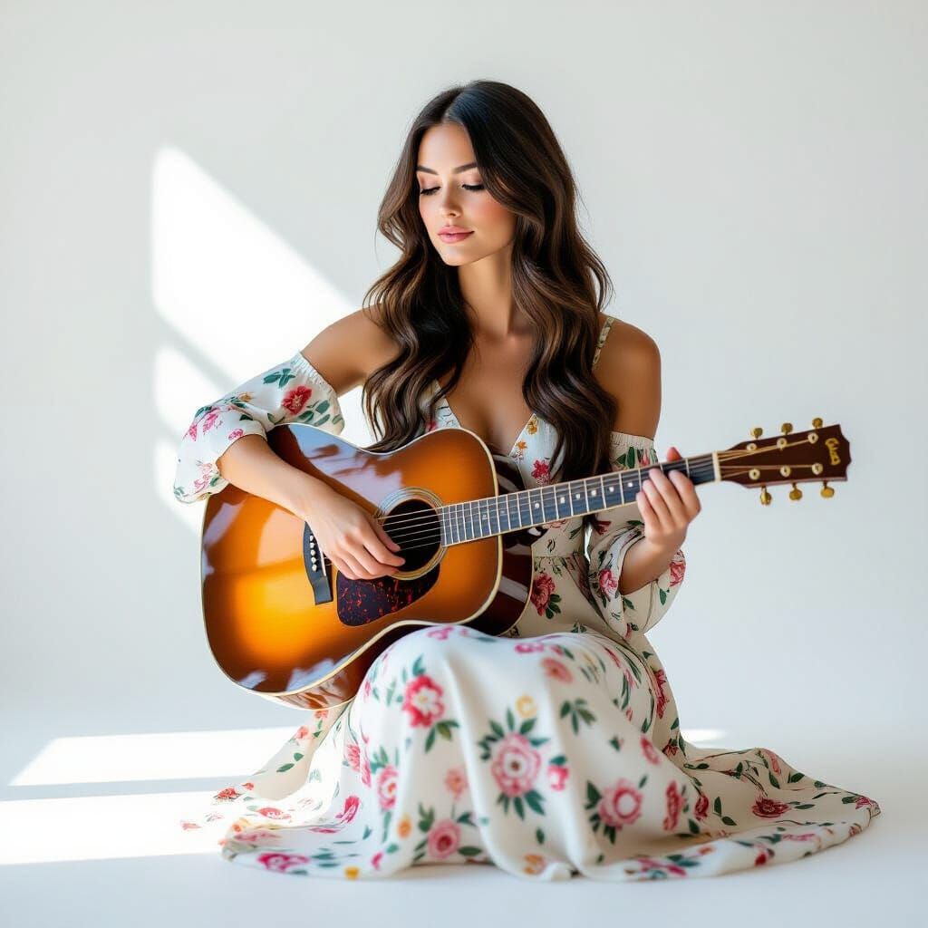 Woman With Guitar on White Background, Editorial Style