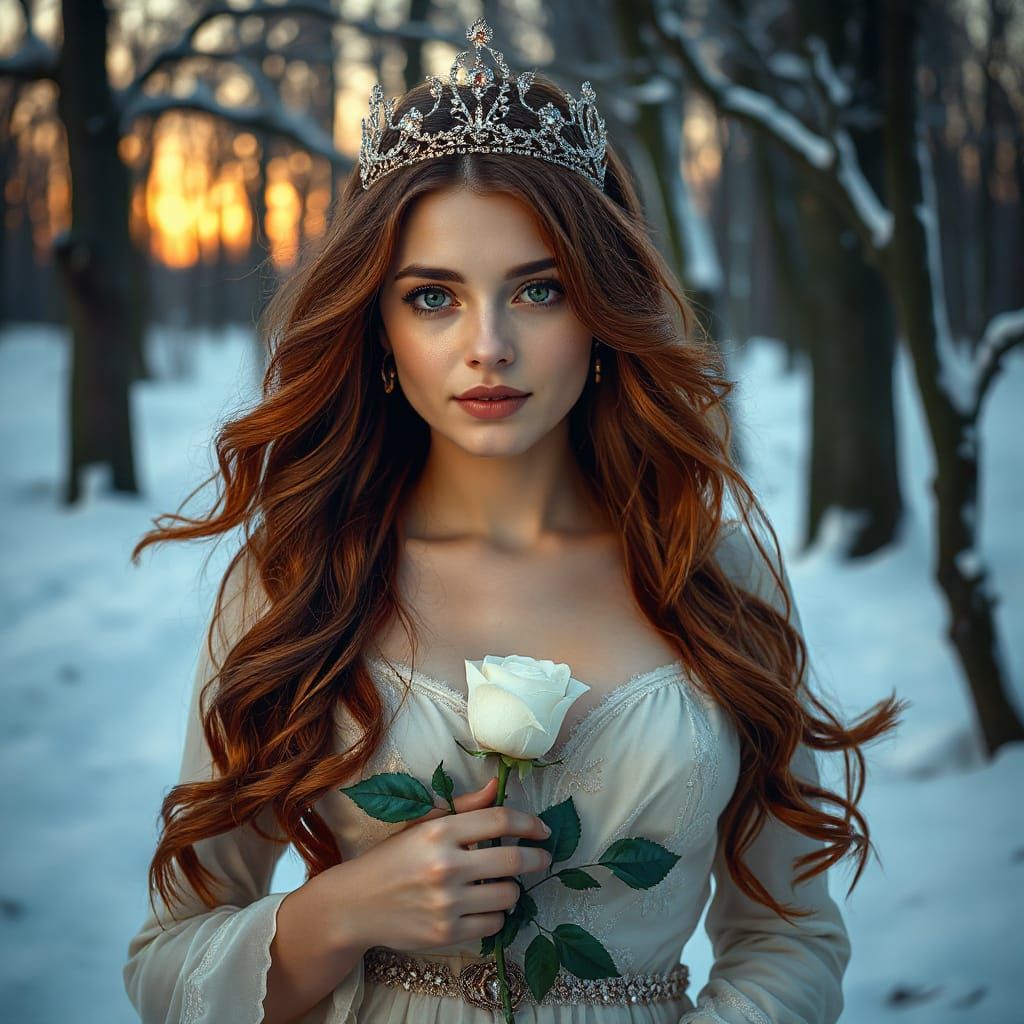 Ethereal Woman in Snowy Forest: Hyperrealistic Art