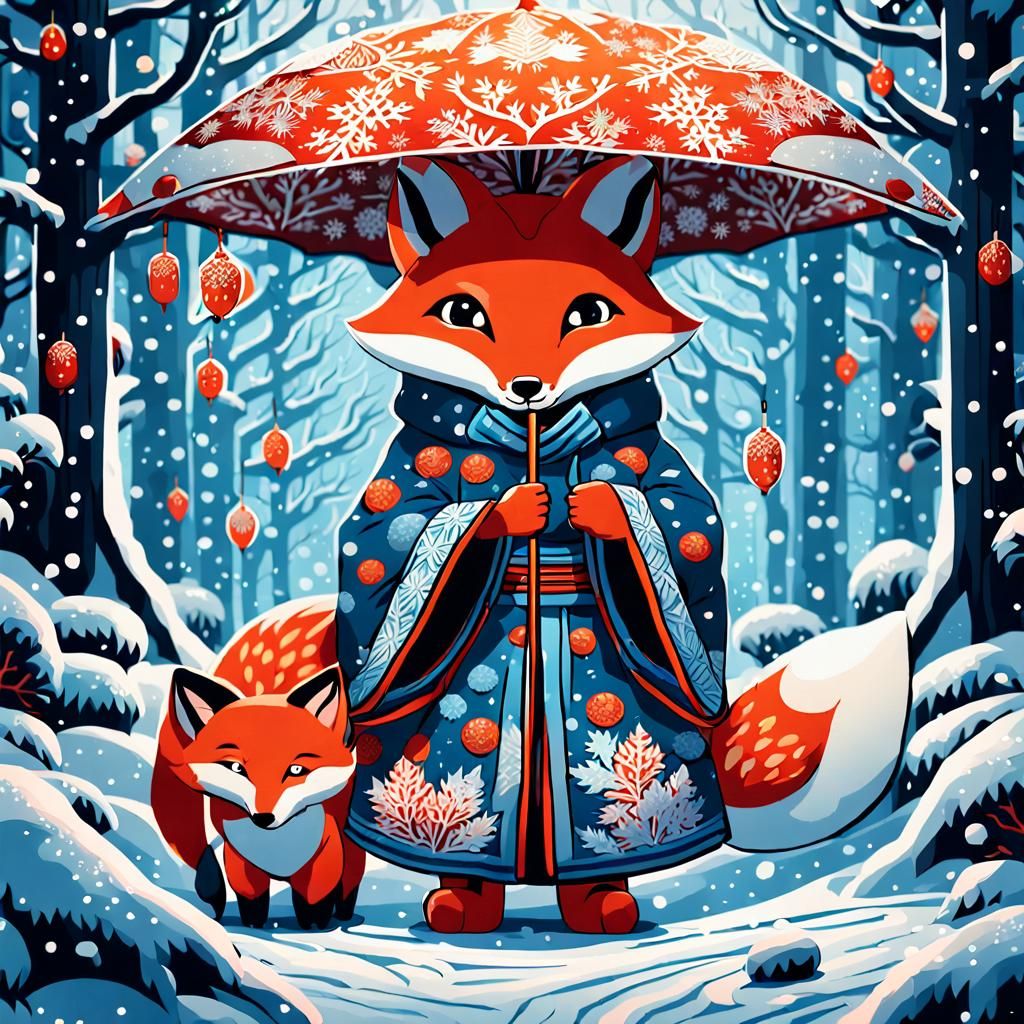 Foxes Under Leaf Umbrella: Japanese Folk Art