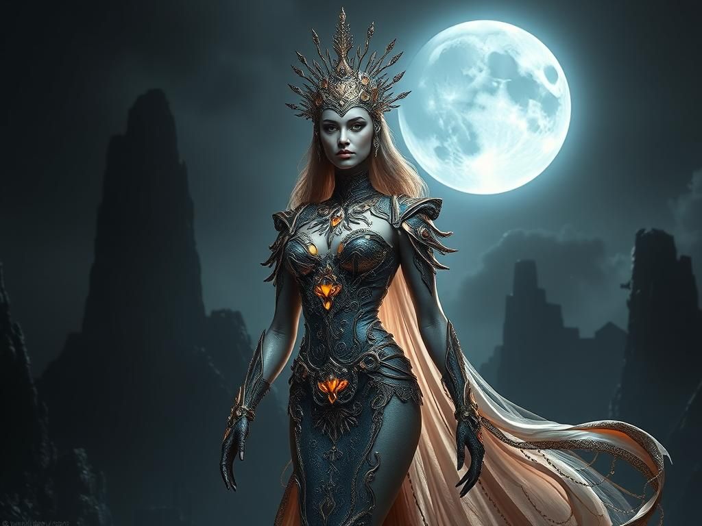 Ornate Figure Bathed in Moonlight: A Sci-Fi Vision