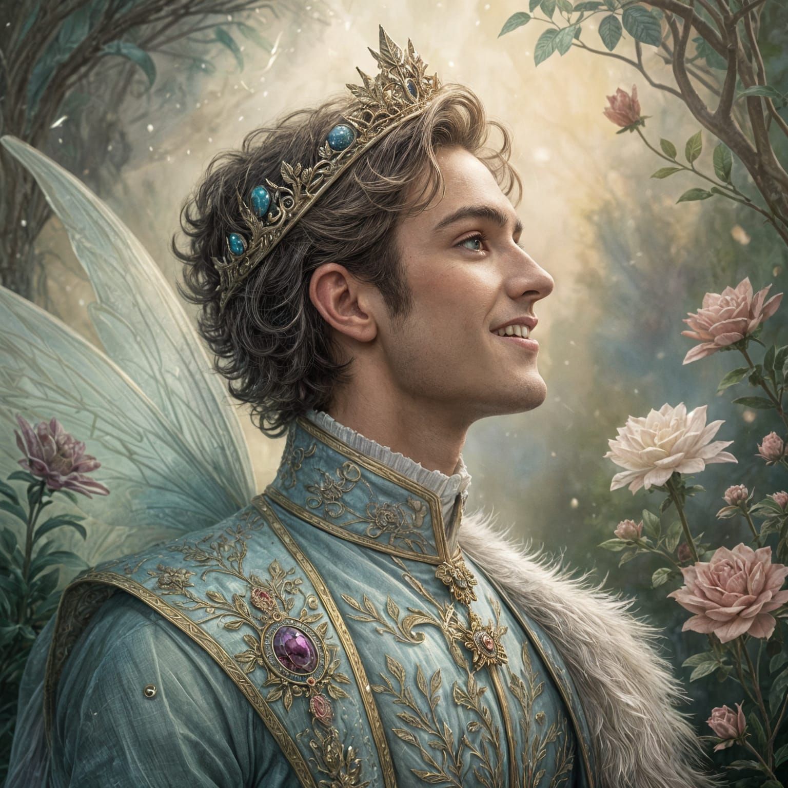 Elegant Fairy Prince on Eve of Royal Union in Vintage Waterc...