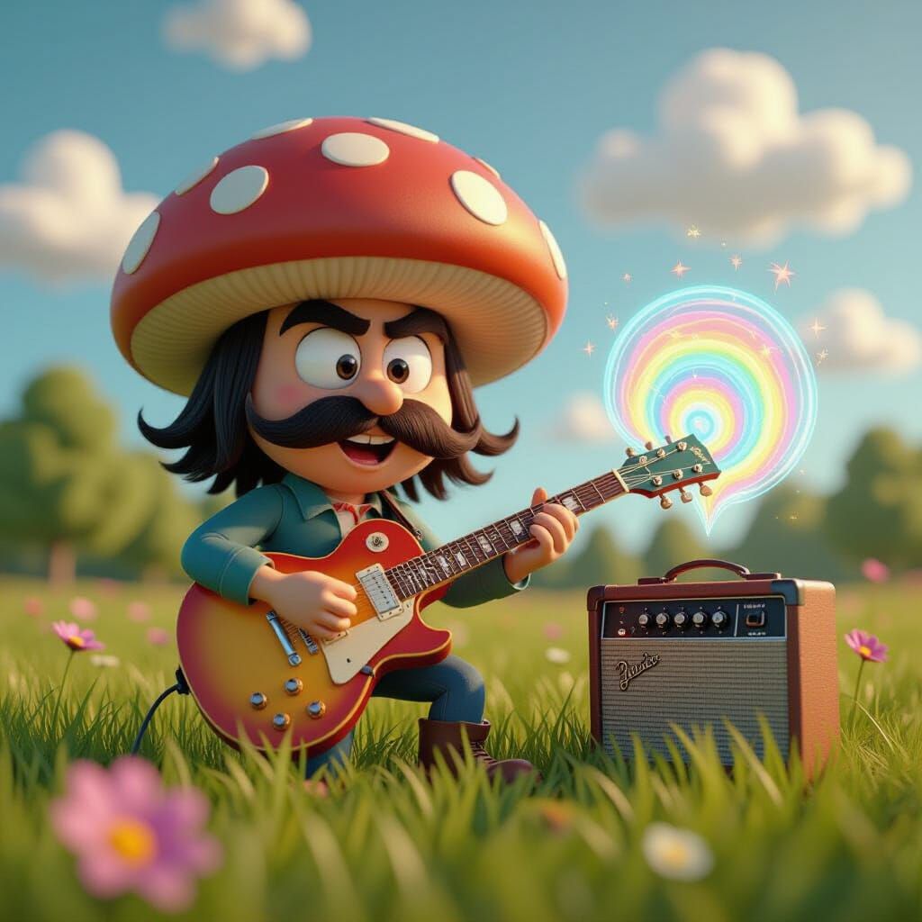 Cartoon Mushroom Plays Guitar in Pixar Style