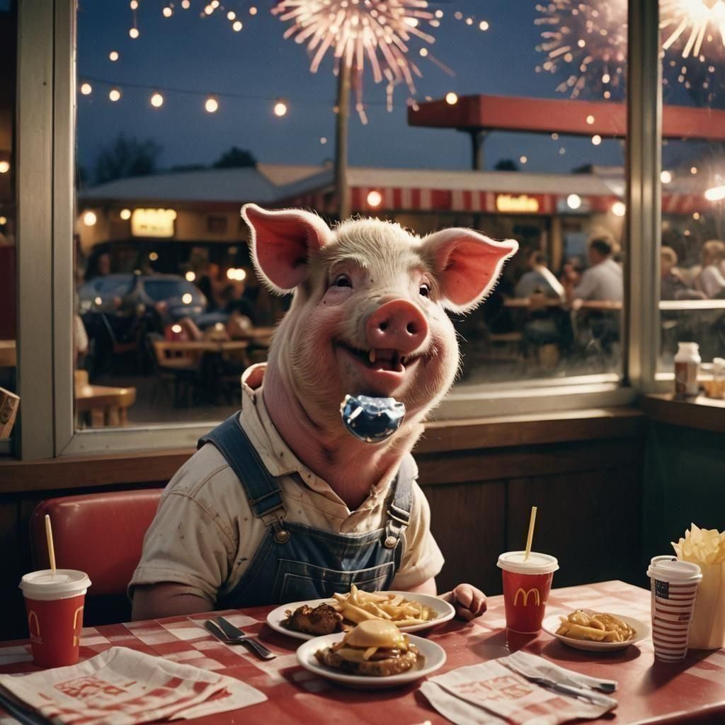 Pig in Overalls at McDonald's: Hyperrealistic Film Still