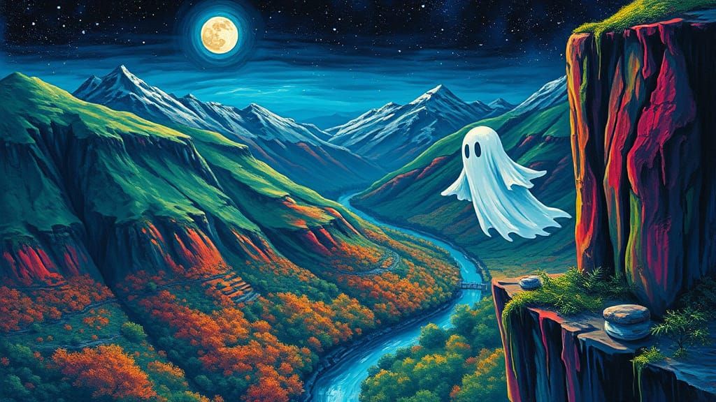 Cute Ghost Overlooks Valley in Graffiti Art Style