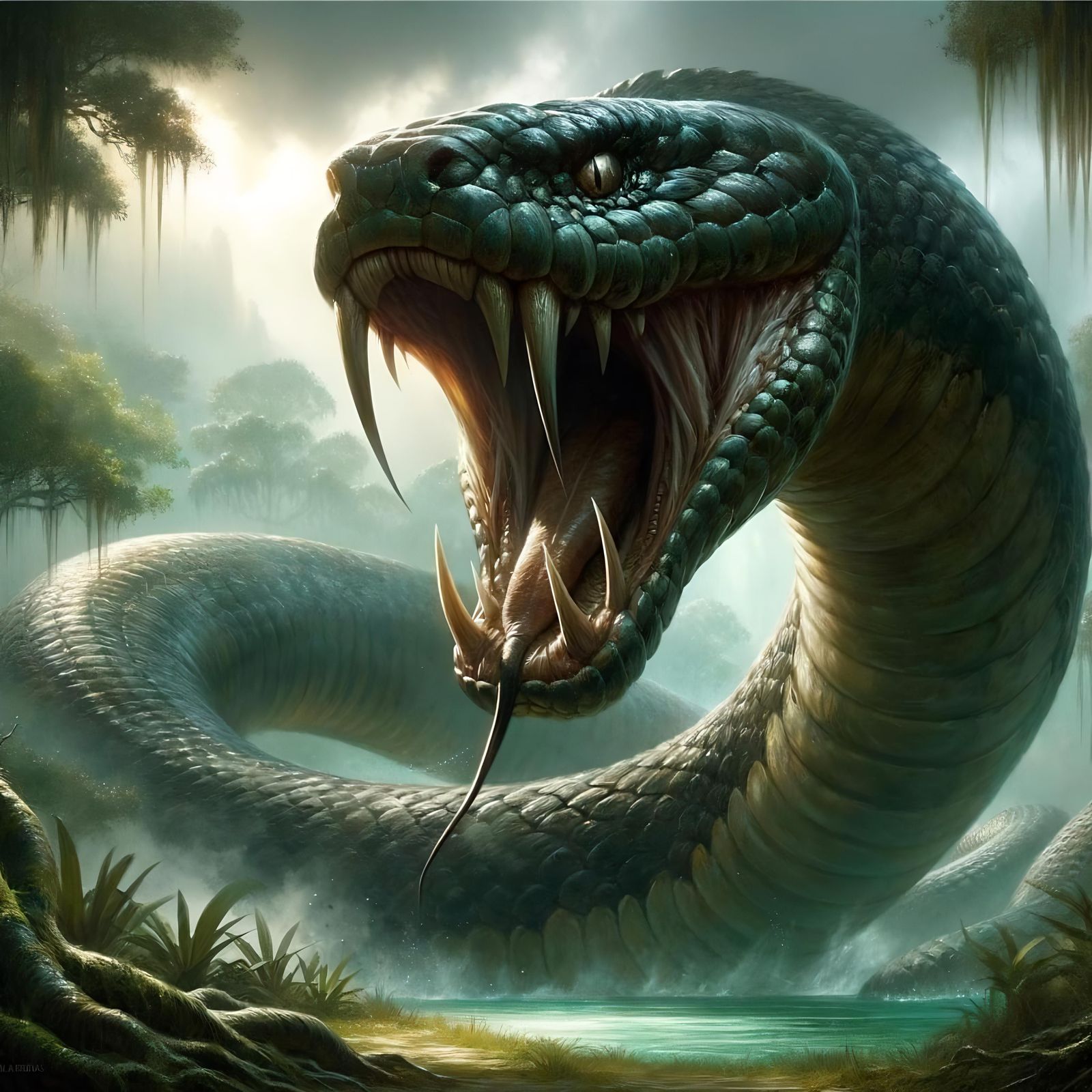 Imposing Dire Snake in Ominous Swamp Habitat