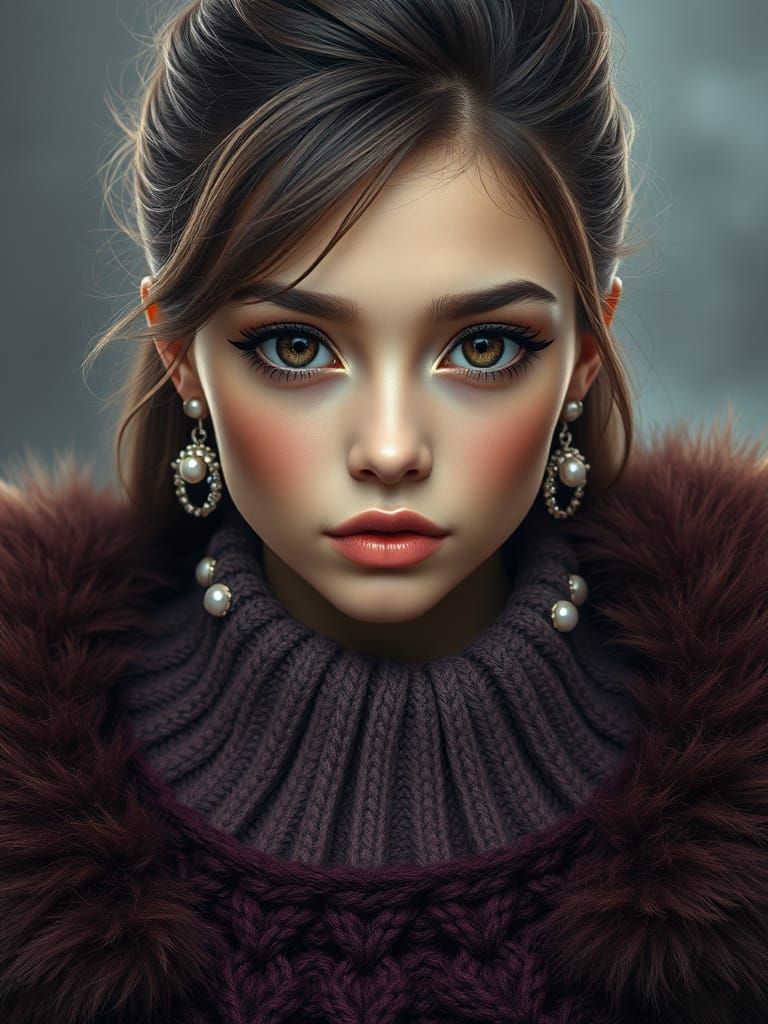 Elegant Luxury Goddess with Fluffy Mink Coat and Enamel Earr...