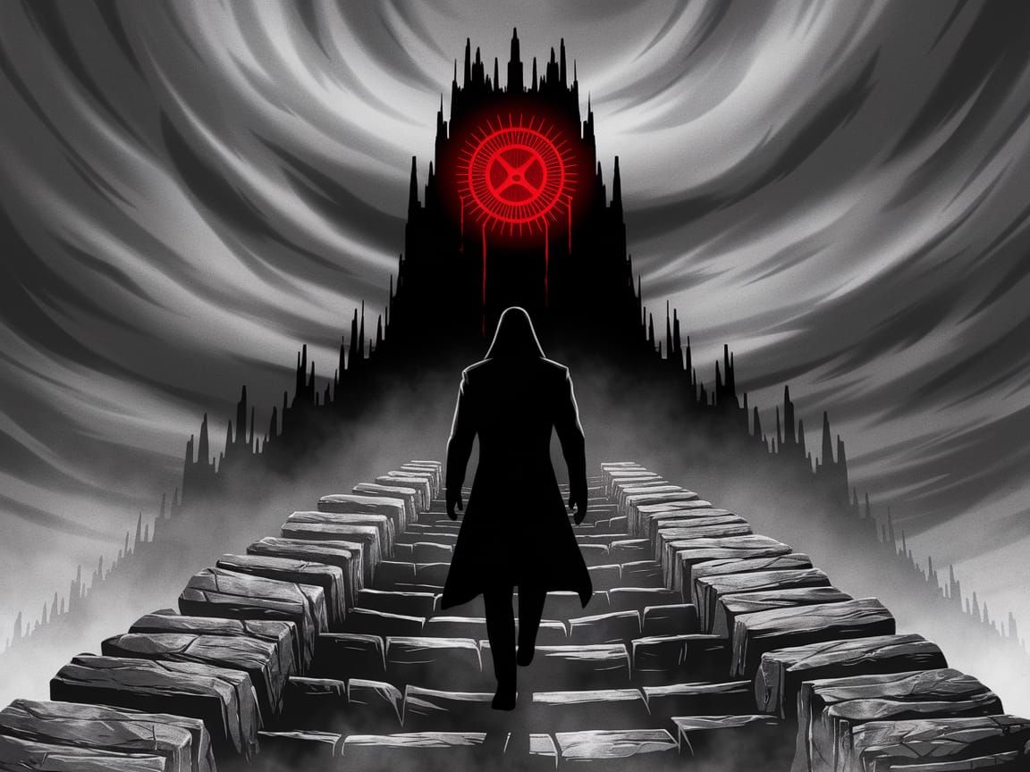 Mysterious Figure Ascends Toward Dark Tower in Foreboding La...