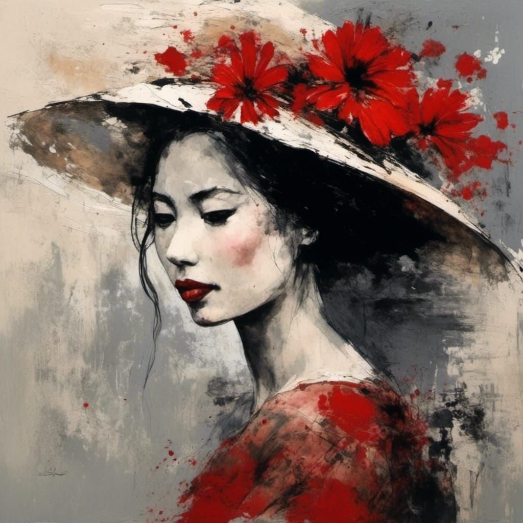 Woman with Hat in Japanese Ink Art Style
