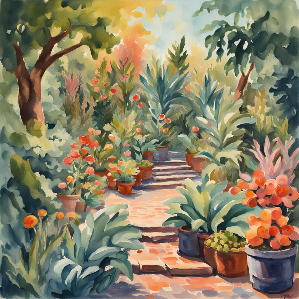 Lush Alleyway in Gouache and Watercolor Style