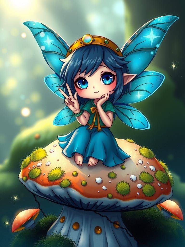 Chibi Fairy in Blue Sits on Mushroom in Peace Pose