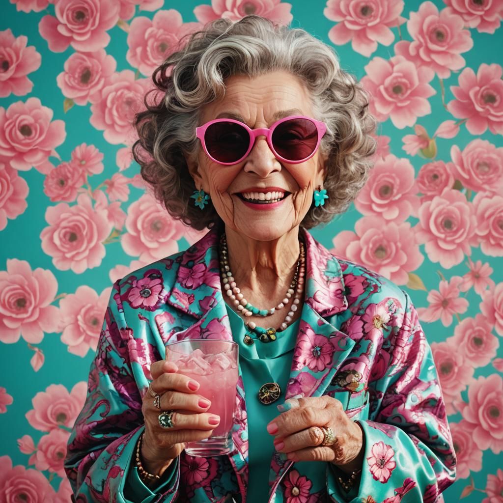 Elderly Woman with Pink Drink in Film Noir Style