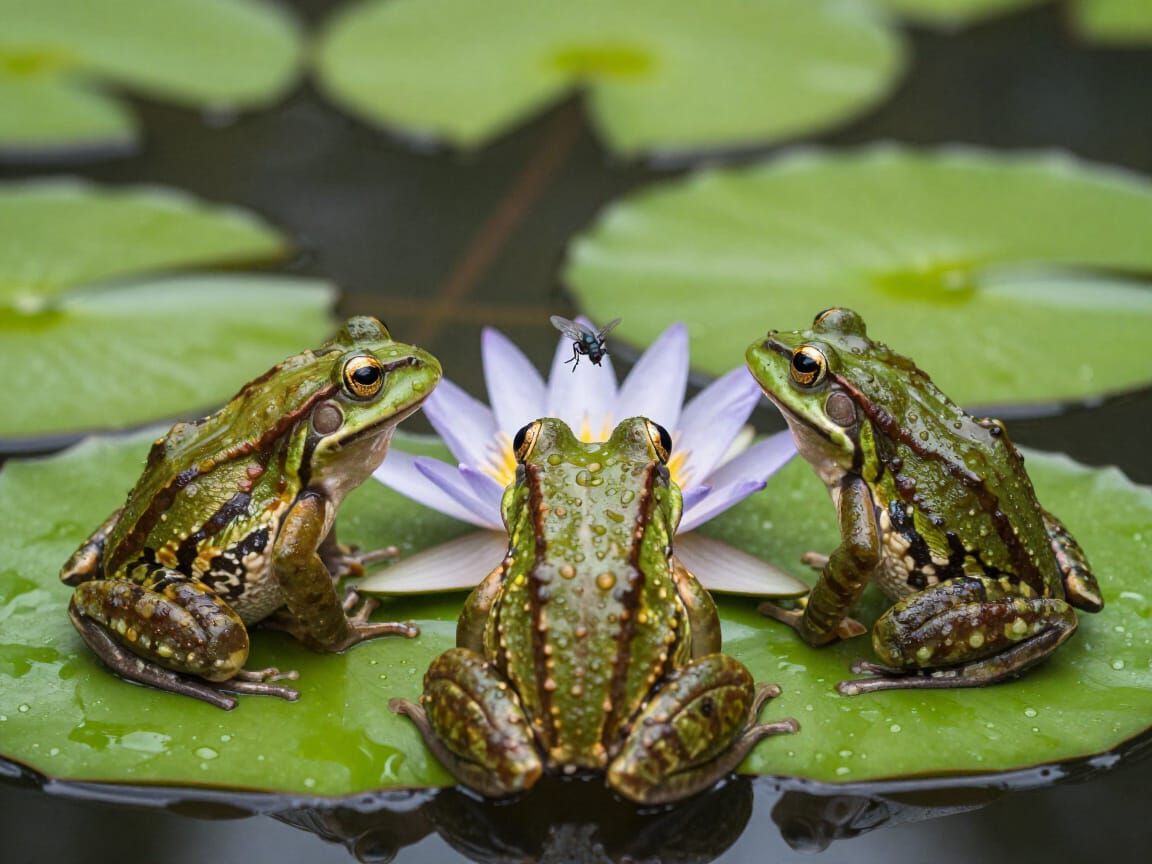 Macro Photo of Frogs on Lily Pads Staring at Fly