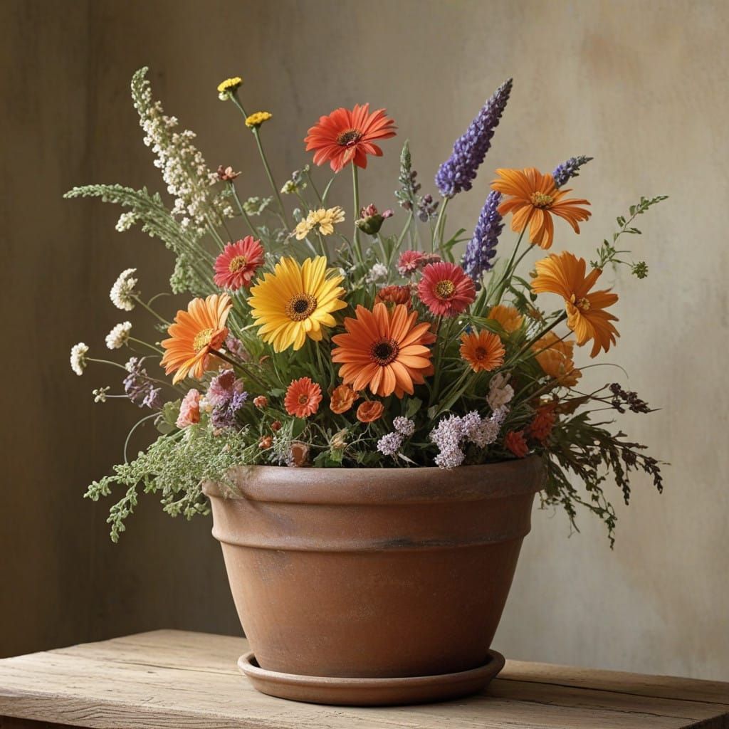 Rustic Clay Pot Filled with Vibrant Dried Flowers