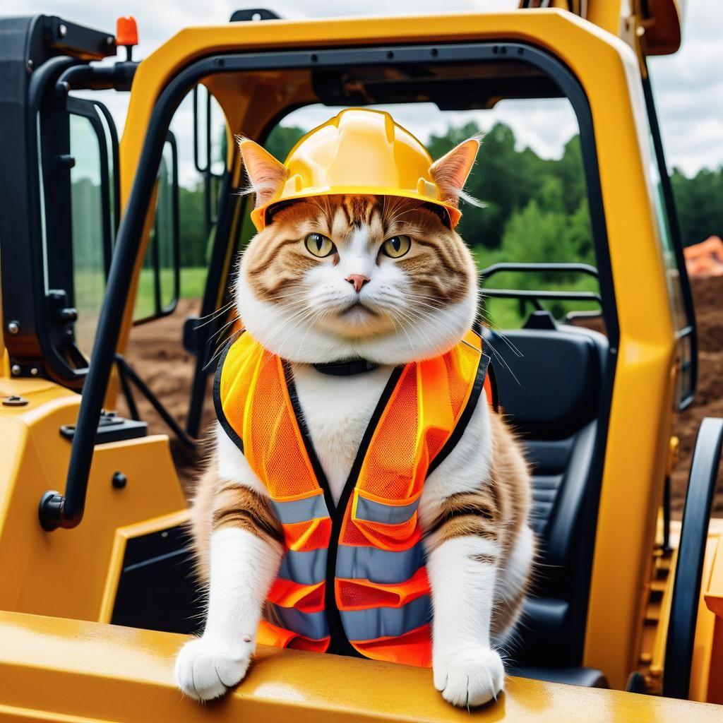 Construction Cat Drives Excavator in Hyperrealism