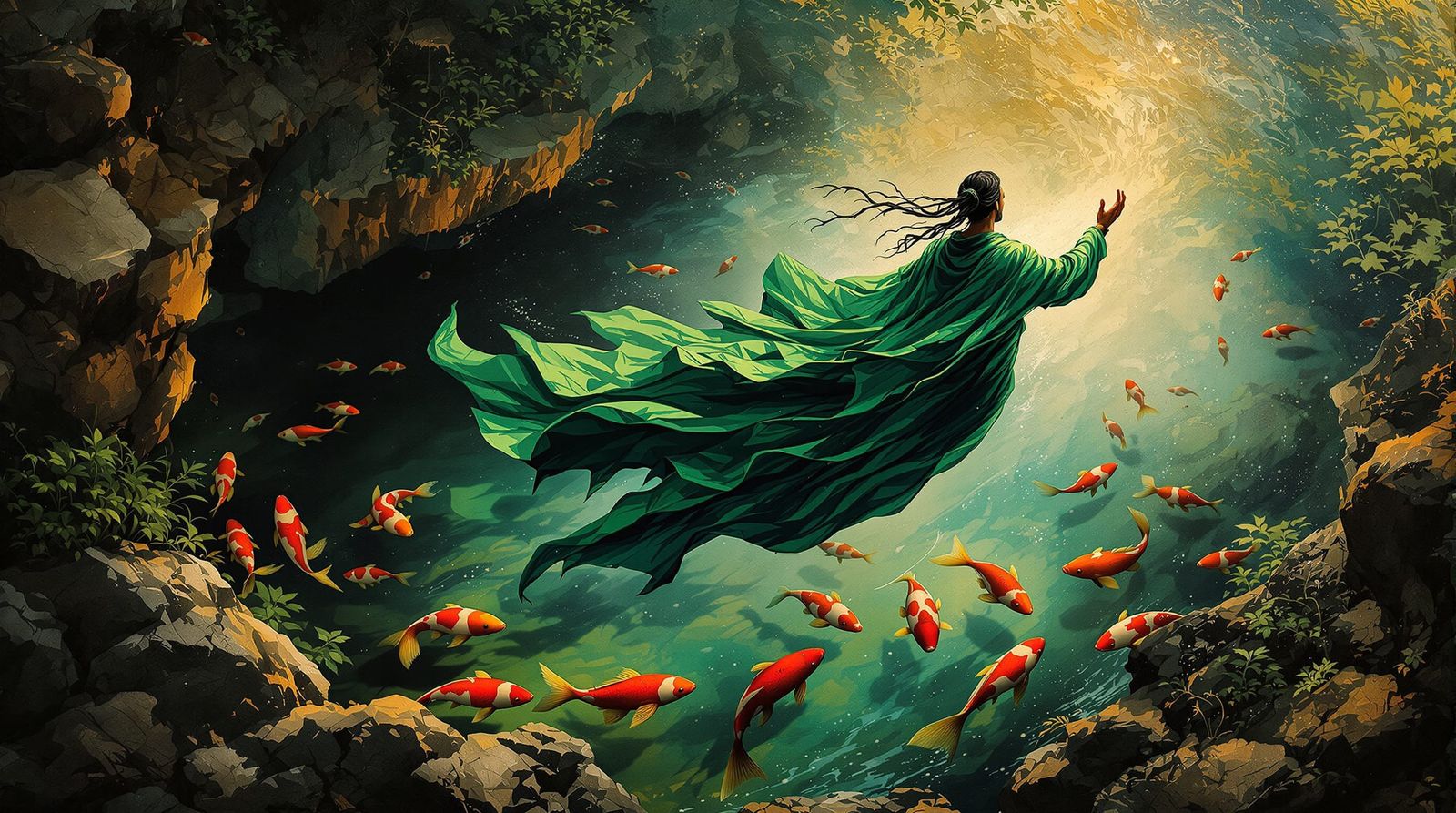 Yoga Master Floating Over Koi Pond in Elemental Art Style