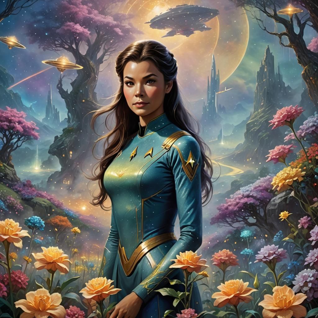 Ethereal Female Figure Surrounded by Glowing Flowers