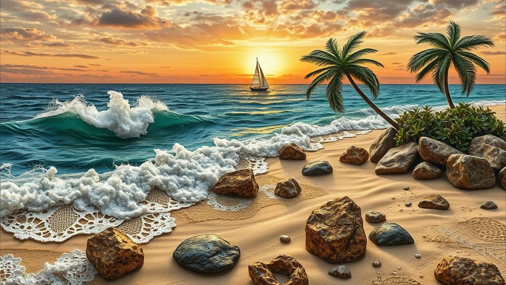 Intricate Textile Seascape Collage in Shimmering Fabrics