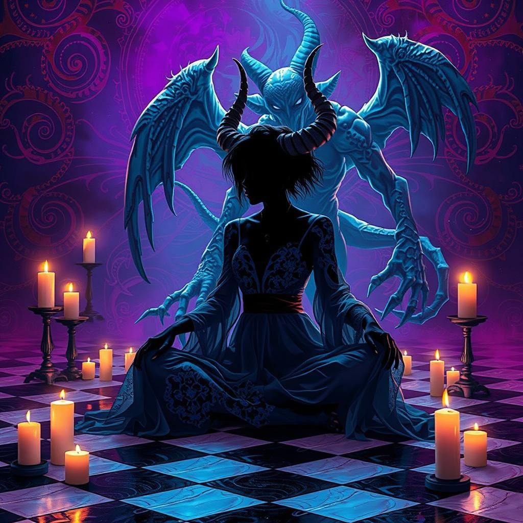 Woman and Demon Silhouette: Iridescent Digital Art