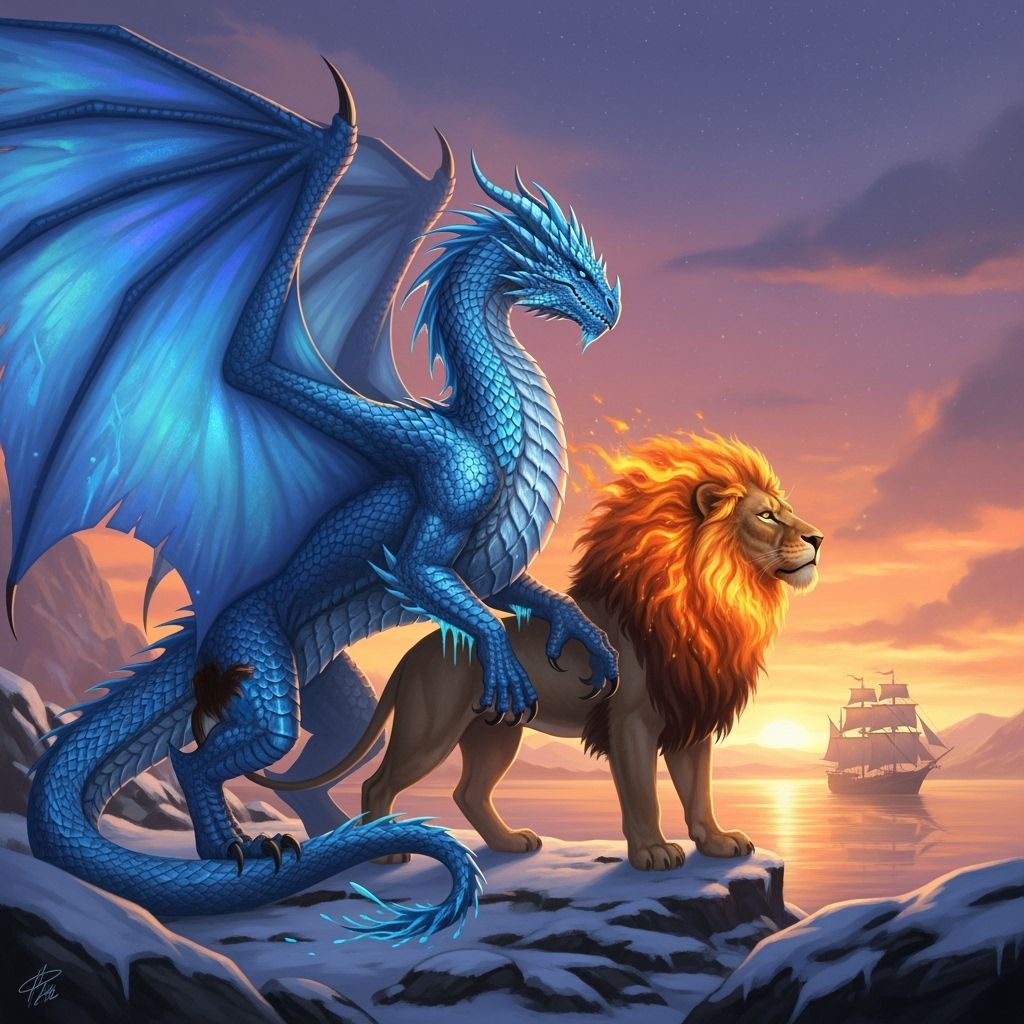Icy Blue Dragon and Fire Lion at Sunset