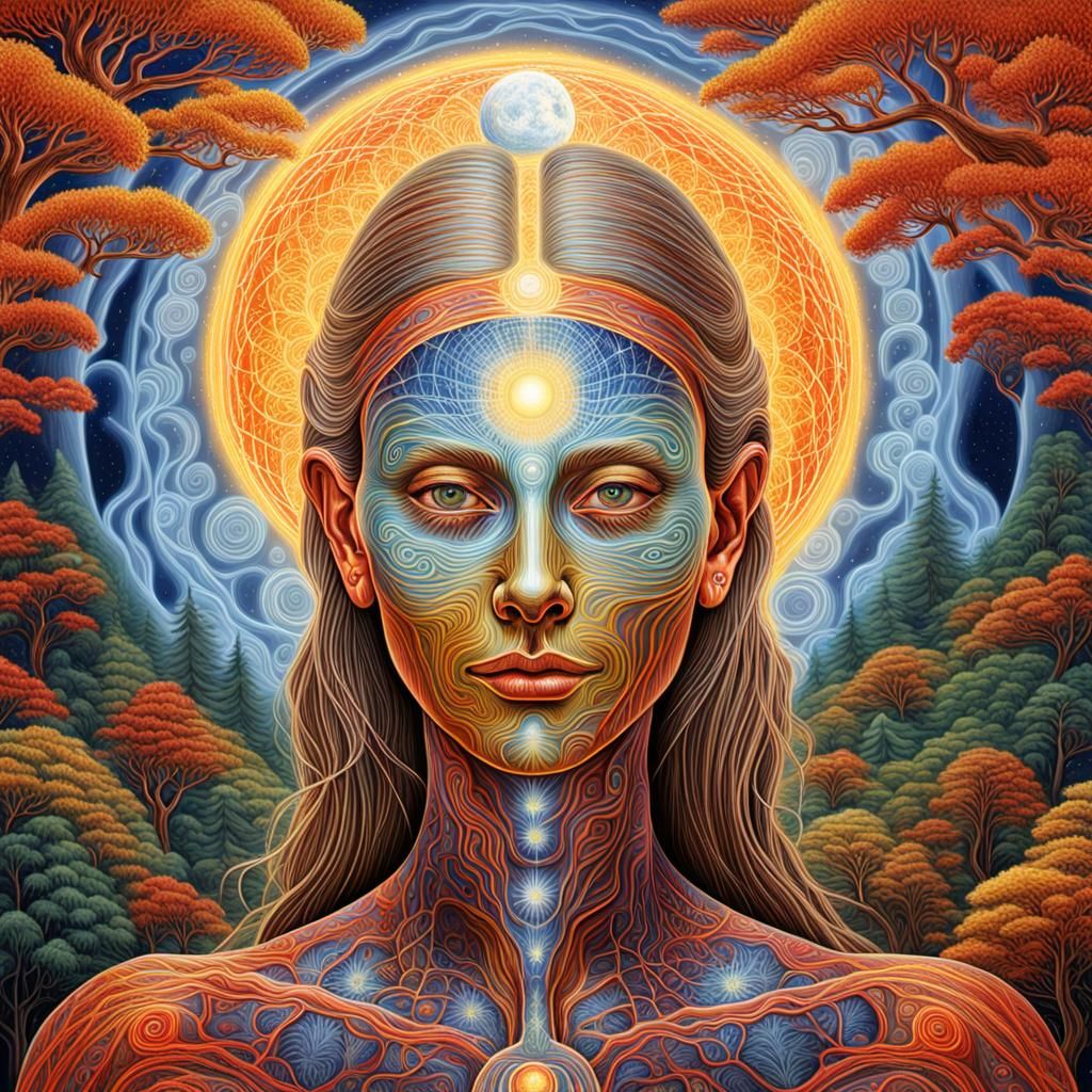 Ethereal Woman Beckons in Alex Grey Style Drawing