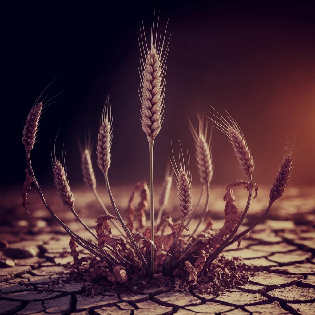 Surreal Wheat Stalk Emerges from Barren Landscape in Vibrant...