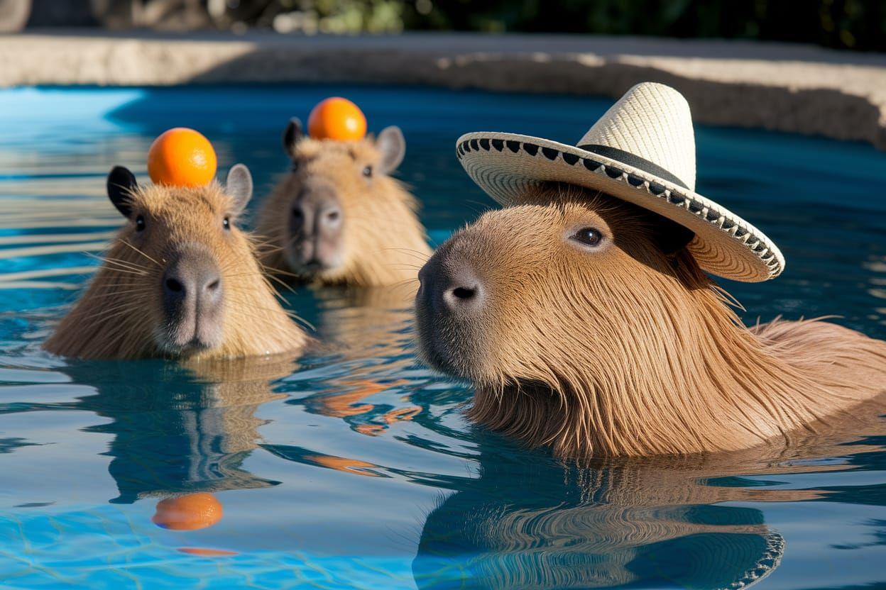 Capybaras in Rock Pool Wearing Sombreros