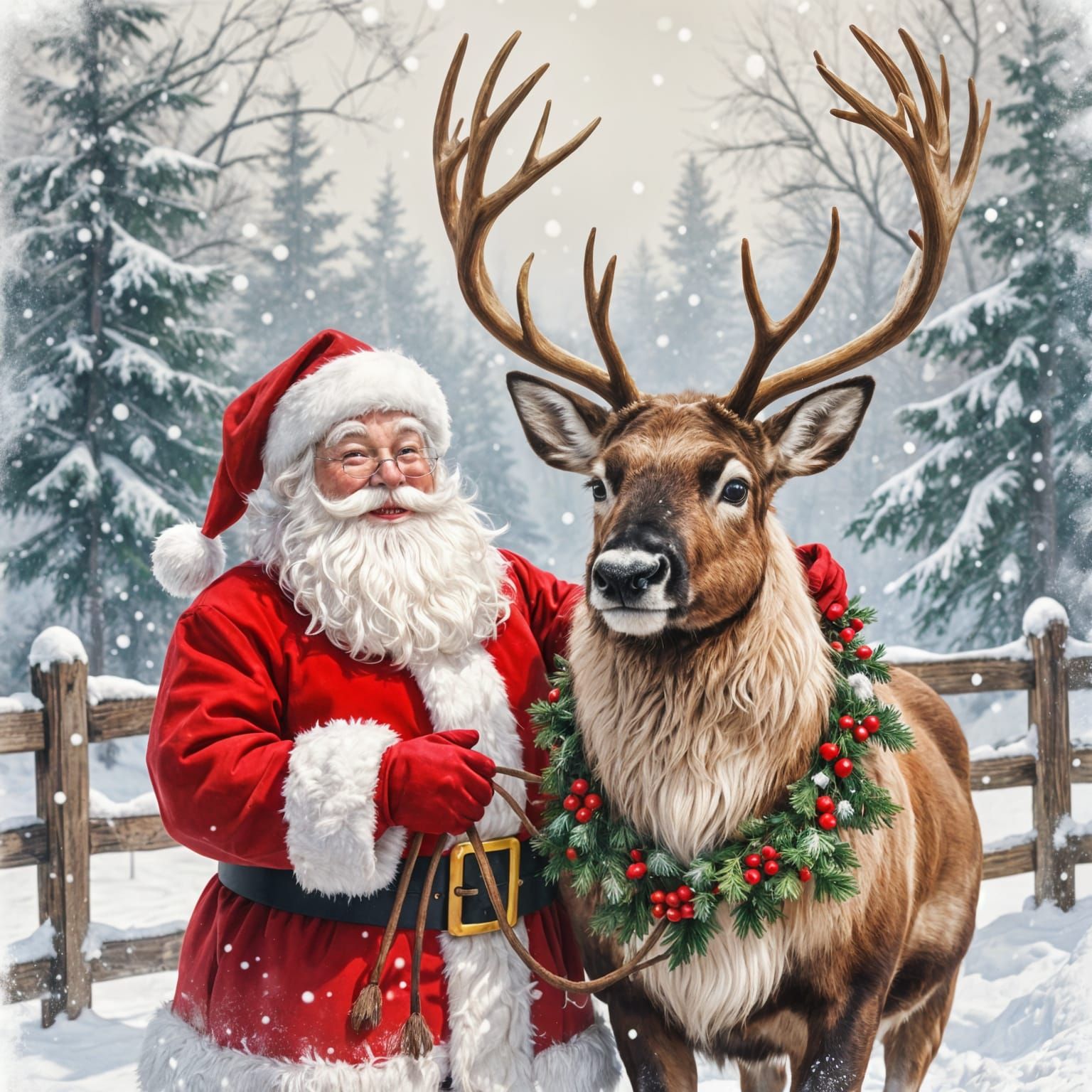 Cozy Farmhouse Christmas Scene with Santa and Reindeer