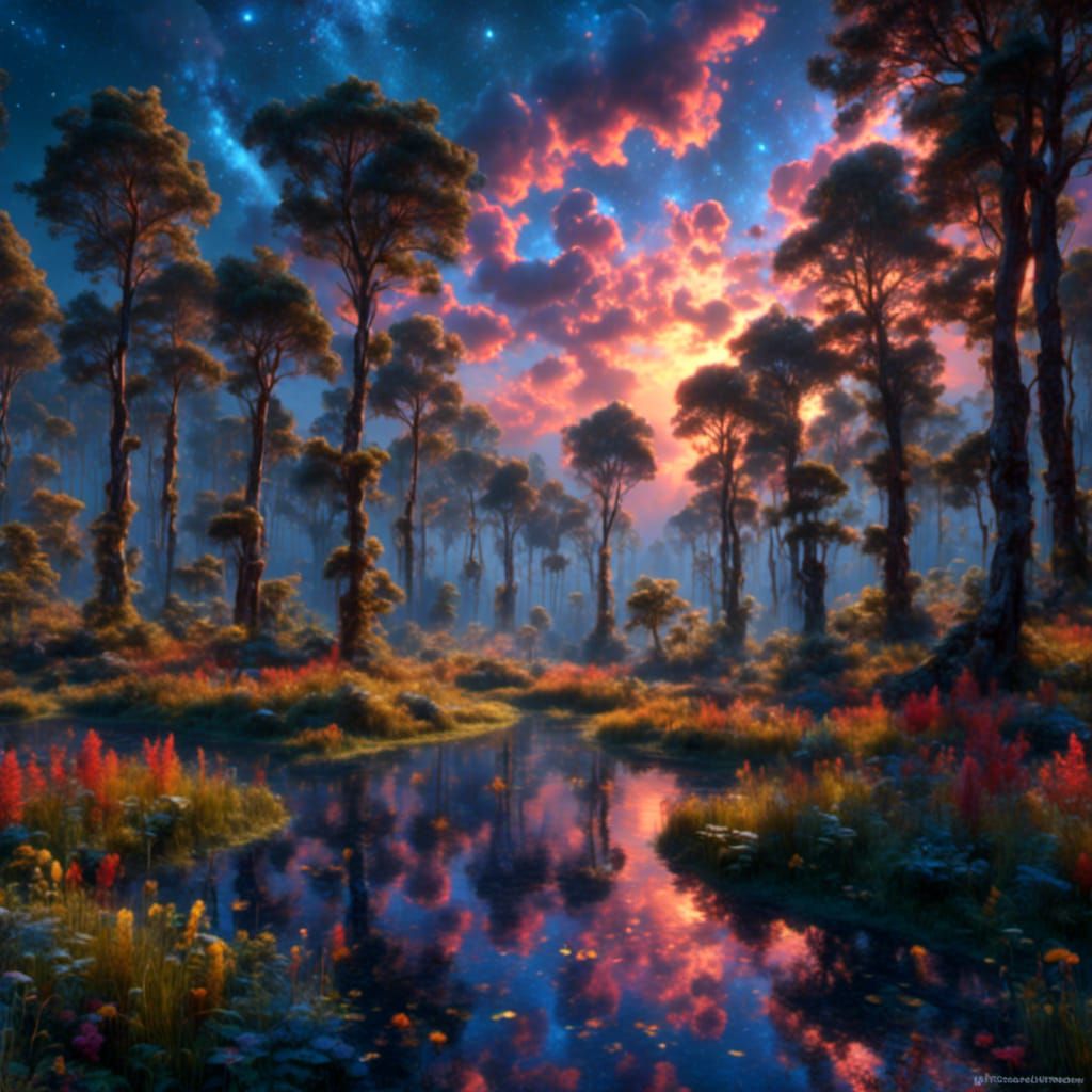 "A peaceful forest skyline at night with floating neon fireflies" John William Waterhouse, Boris Vallejo <lora:MJ6 Myste...