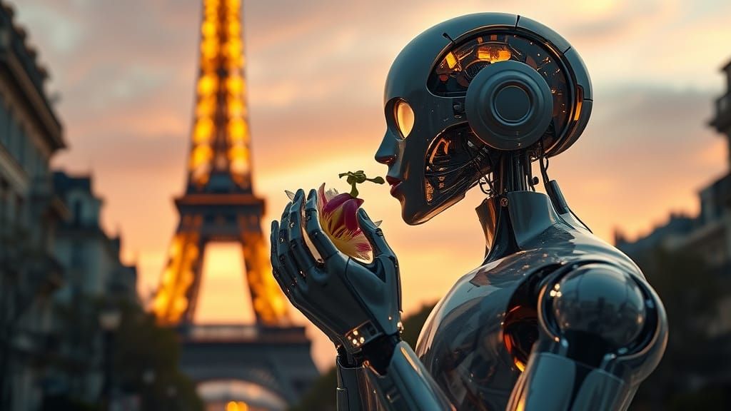 Parisian Futuristic Robot with Passion Flower in Twilight
